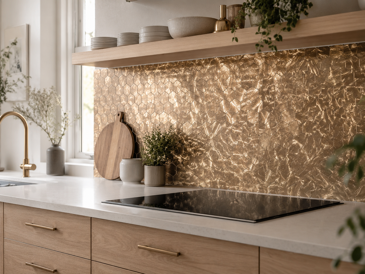Selvklebende veggfliser gull hexagon – børstet finish til kjøkken (10 pk)