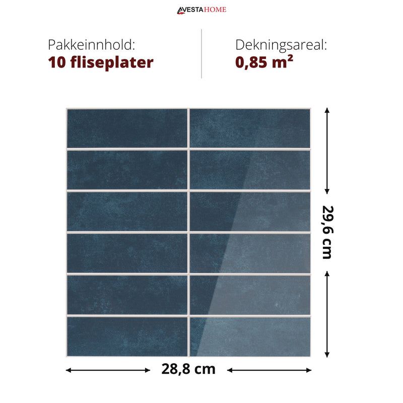Mål på selvklebende veggflis dyp blå: 28,8 x 29,6 cm – 10 fliseplater per pakke dekker 0,85 m²