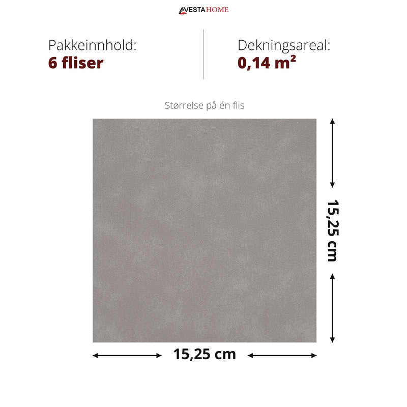 Mål på selvklebende veggflis lys grå: 15,25 x 15,25 cm – 6 fliser dekker 0,14 m²