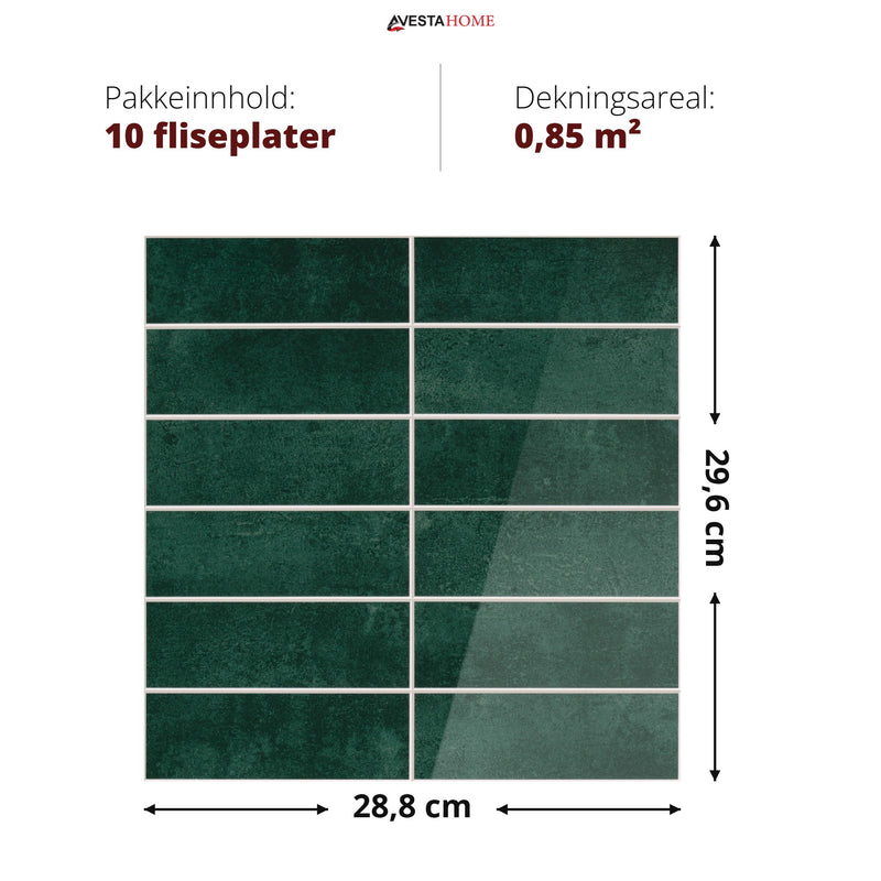 Mål på selvklebende veggflis smaragdgrønn: 28,8 x 29,6 cm – 10 fliseplater per pakke dekker 0,85 m²