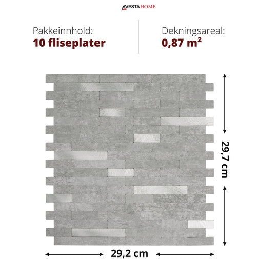 Mål på selvklebende veggflis stein og metall: 29,2 x 29,7 cm – 10 fliseplater per pakke dekker 0,87 m²