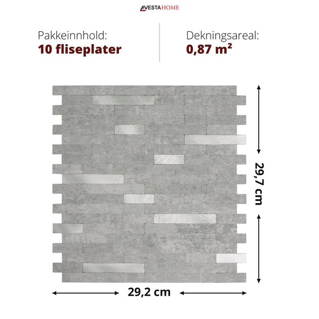 Mål på selvklebende veggflis stein og metall: 29,2 x 29,7 cm – 10 fliseplater per pakke dekker 0,87 m²