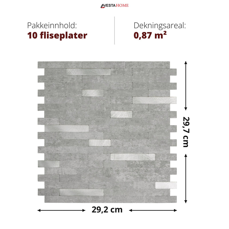 Mål på selvklebende veggflis stein og metall: 29,2 x 29,7 cm – 10 fliseplater per pakke dekker 0,87 m²
